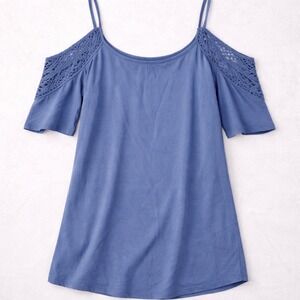 Xhilaration Blue Cold Shoulder Crochet Lace Boho Peasant Tunic Top Medium